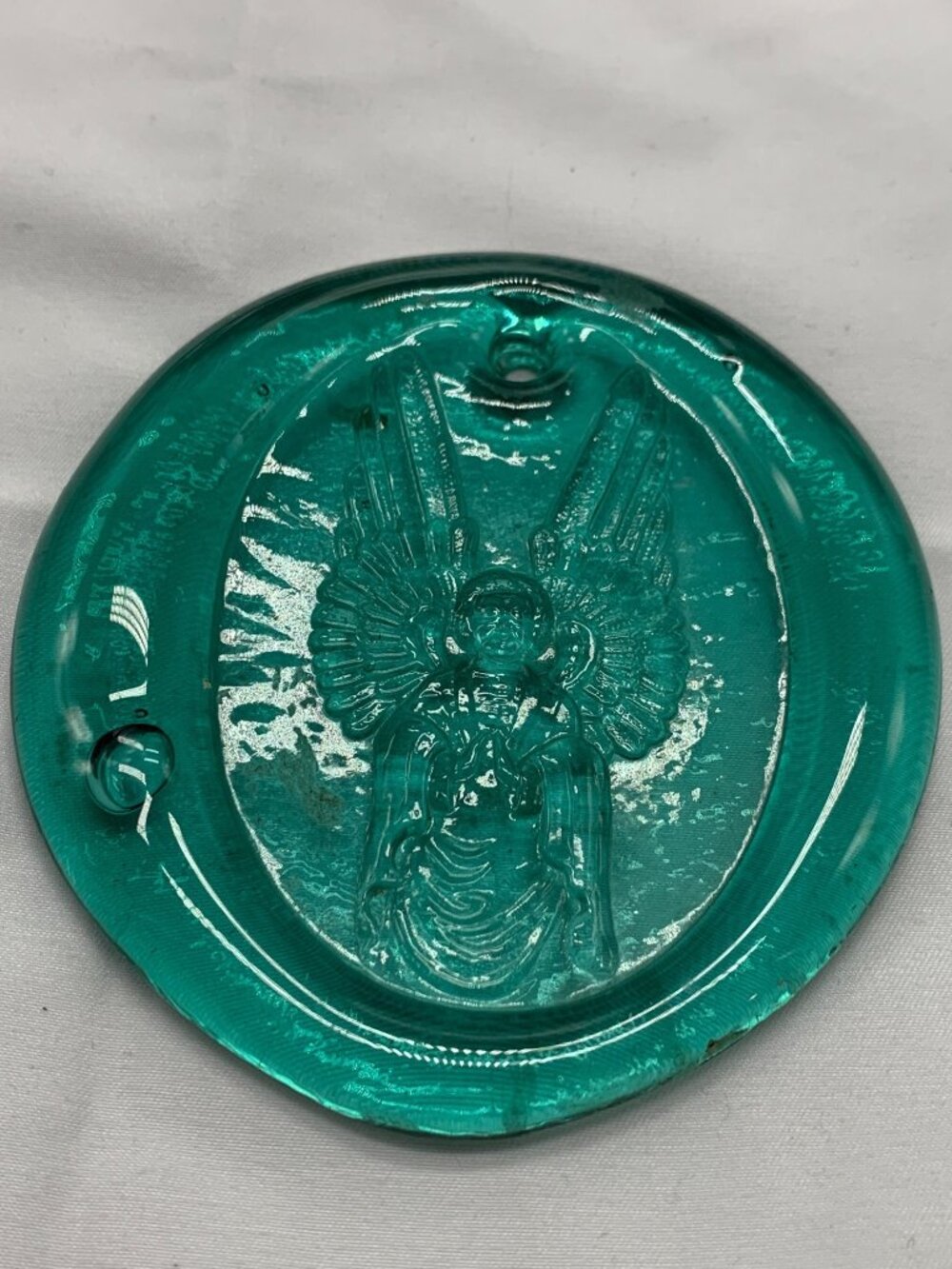 Vintage Teal Glass Medallion Sun Catcher Raised Angel Design